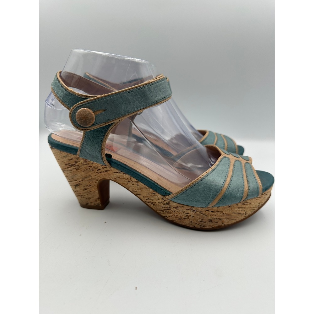 Miz Mooz Corbin Sandals Womens 7.5 Teal Blue Leather Cork Platform Block Heel - Picture 15 of 16